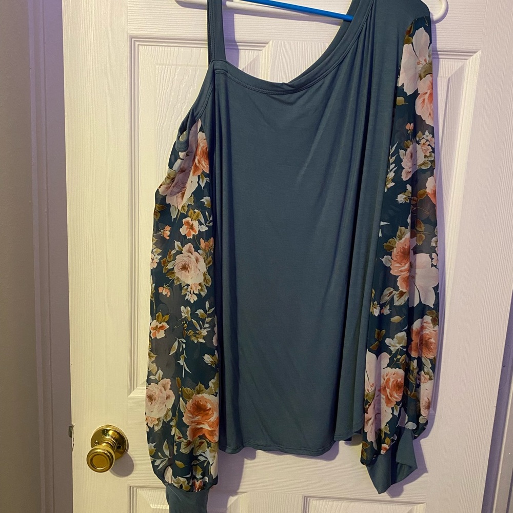 Teal Off the Shoulder Floral Blouse